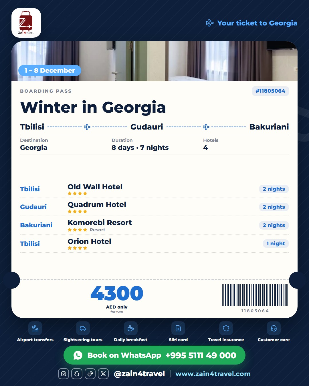 Georgia - Tbilisi, Gudauri & Bakuriani Winter Escape 7 Nights 🏔️❄️